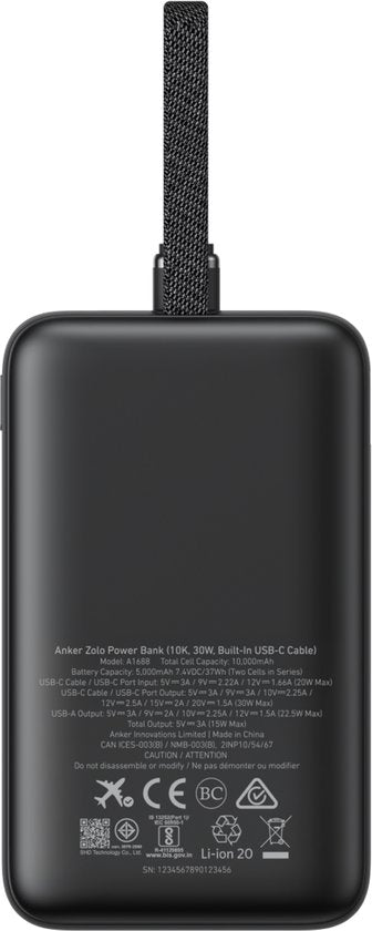 Anker Zolo Power Bank (10,000mAh, 30W, Built-in USB-C Cable) - 1x USB-C & 1x USB-A Port Black - Fast Charging