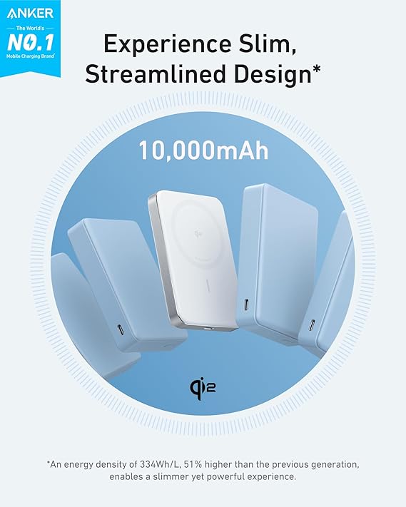 Anker MagGo Powerbank, Ultra Slim Magnetic Battery, 10,000 mAh, Qi2 Certified, Portable 15 W, Ultra-Fast MagSafe Compatible Charger, Ergonomic Design, Only for iPhone 16/15/14/13